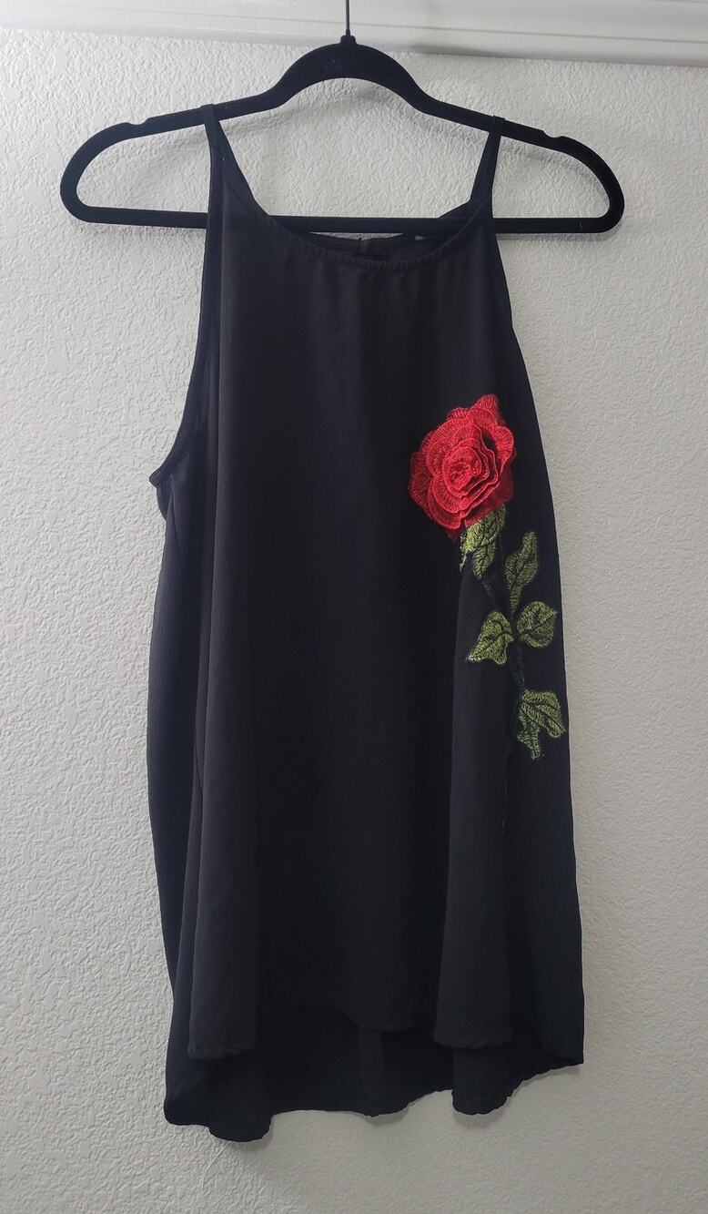 Libian Black Sleeveless Blouse Red Rose Embroidered High Neck One Size